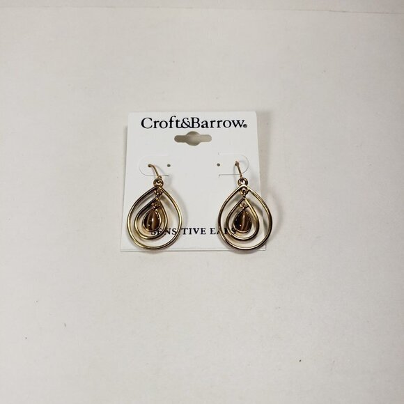 Croft & Barrow Polished Gold tone Double Hoops, Brown Fishhook Drop Earrings 1.5 - Picture 7 of 8